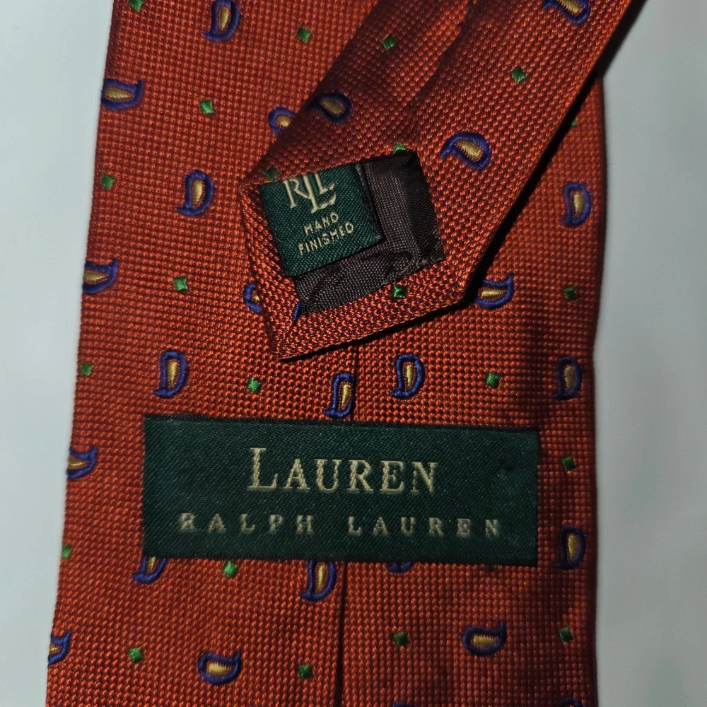 Lauren Ralph Lauren Necktie Mens OS‎ Orange Paisley Silk Hand Finished USA Made